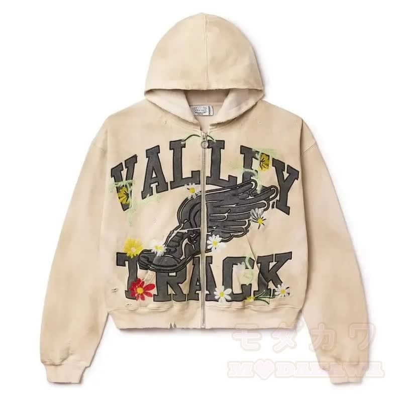 Y2K Vintage Letter Print Zip Up Hooded Jacket - Apricot - 4XL - image 3