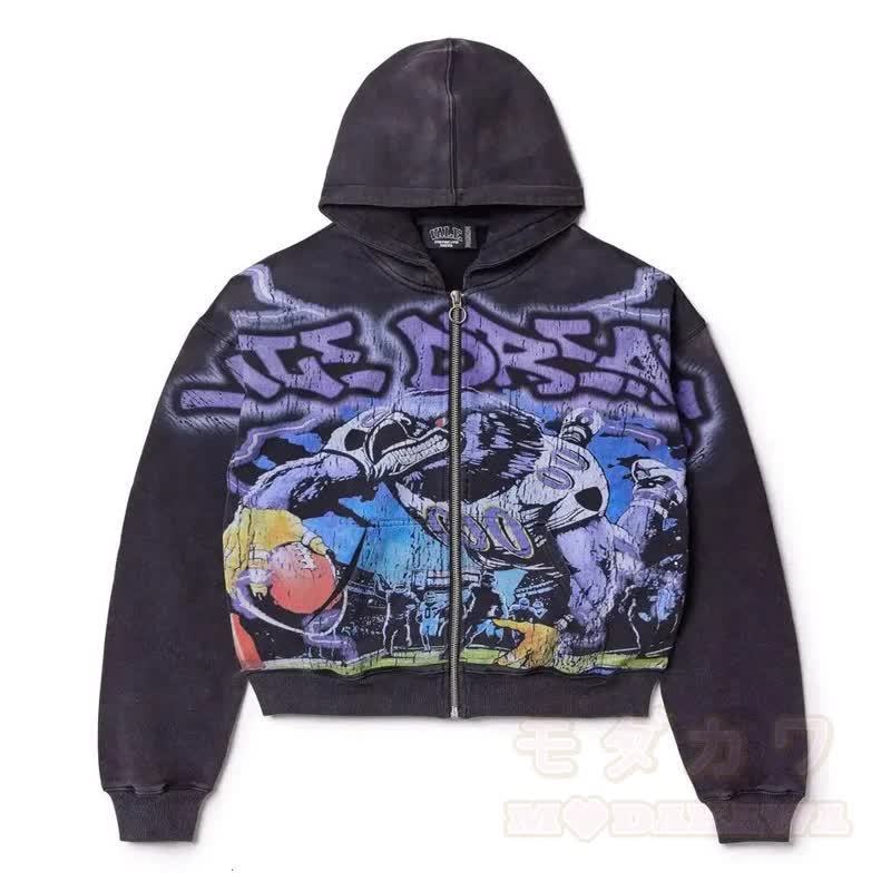 Y2K Vintage Letter Print Zip Up Hooded Jacket - Purple - 4XL - image 7