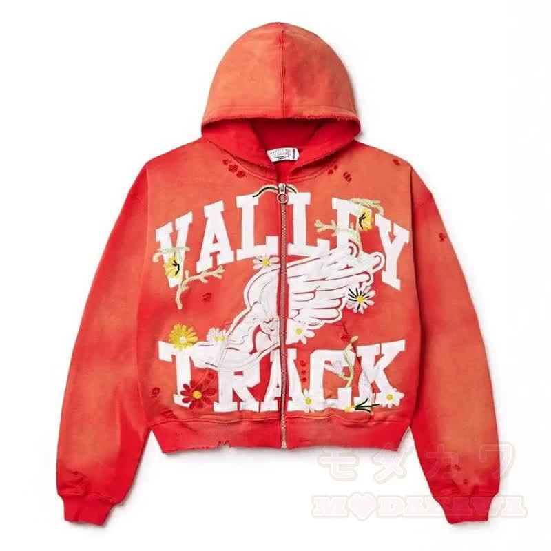 Y2K Vintage Letter Print Zip Up Hooded Jacket - Orange - 4XL - image 2