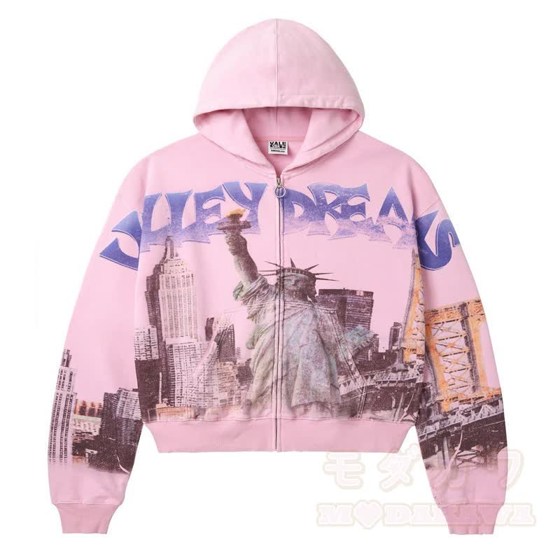 Y2K Vintage Letter Print Zip Up Hooded Jacket - Pink - 4XL - image 6