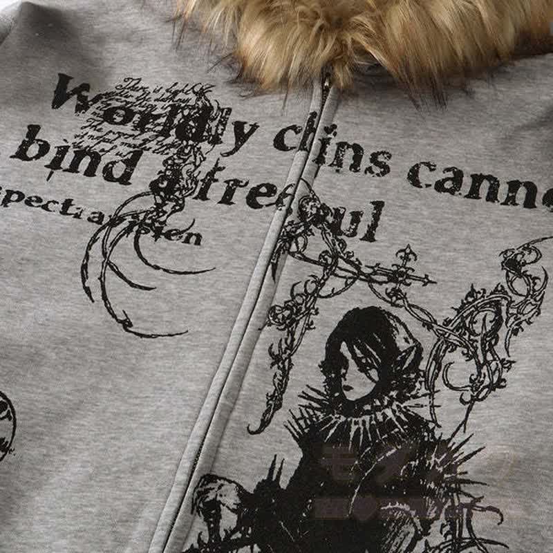 Vintage Street Style Faux Fur Trim Hooded Zip Up Sweatshirt  - image 4
