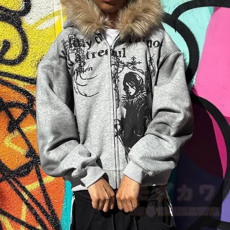 Vintage Street Style Faux Fur Trim Hooded Zip Up Sweatshirt  - image 2