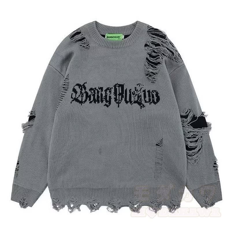 Vintage Distressed Fake Two Piece Long Sleeve Knit Sweatshirt - Grey - 3XL - image 3