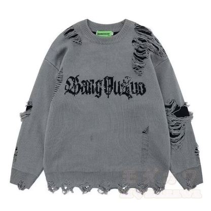 Vintage Distressed Fake Two Piece Long Sleeve Knit Sweatshirt - Grey - 3XL - image 3