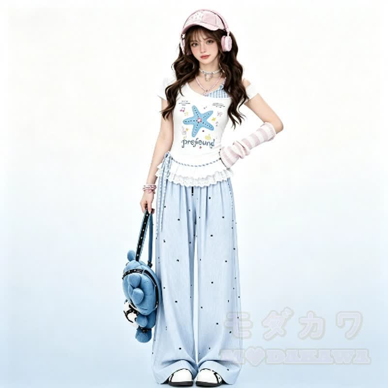 Star Print Off Shoulder Lace Top Polka Dot Wide Leg Pants Two Pieces Set - image 2