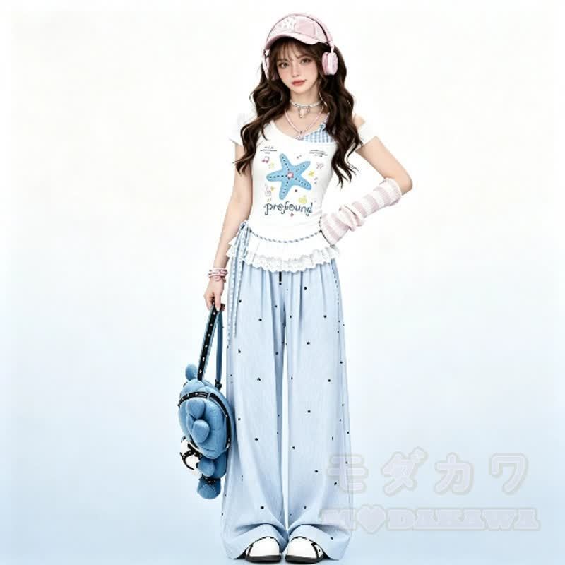 Star Print Off Shoulder Lace Top Polka Dot Wide Leg Pants Two Pieces Set - image 2