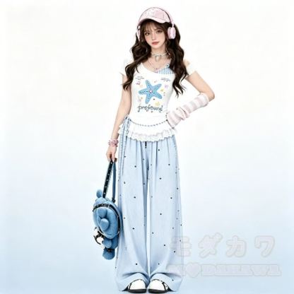 Star Print Off Shoulder Lace Top Polka Dot Wide Leg Pants Two Pieces Set - image 2