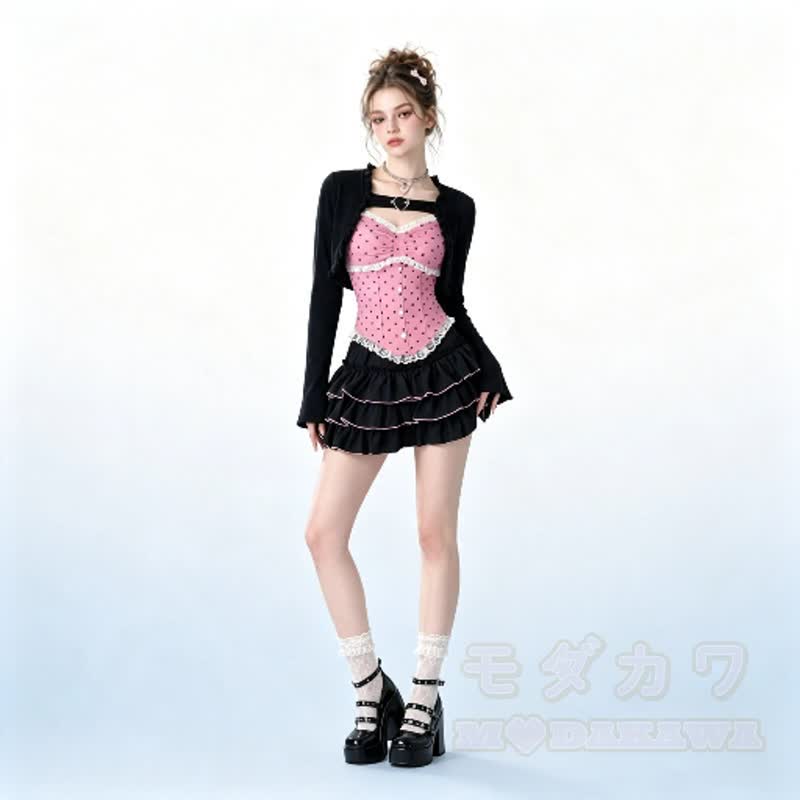 Y2K Sweet Polka Dot Cami Top Cropped Cardigan Ruffle Skirt Three Pieces Set - image 3