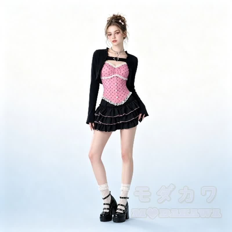 Y2K Sweet Polka Dot Cami Top Cropped Cardigan Ruffle Skirt Three Pieces Set - image 3