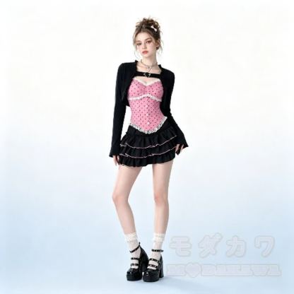 Y2K Sweet Polka Dot Cami Top Cropped Cardigan Ruffle Skirt Three Pieces Set - image 3