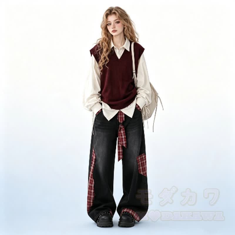 Knit Vest Lace-up Shirt Plaid Denim Pants Matching Outfit - image 2