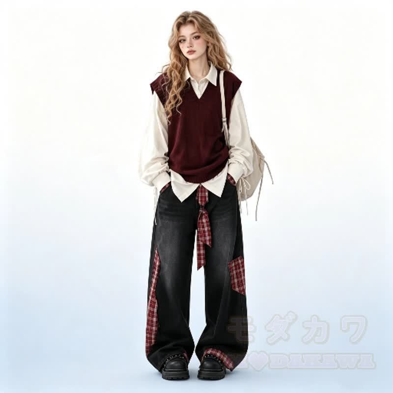 Knit Vest Lace-up Shirt Plaid Denim Pants Matching Outfit - image 2