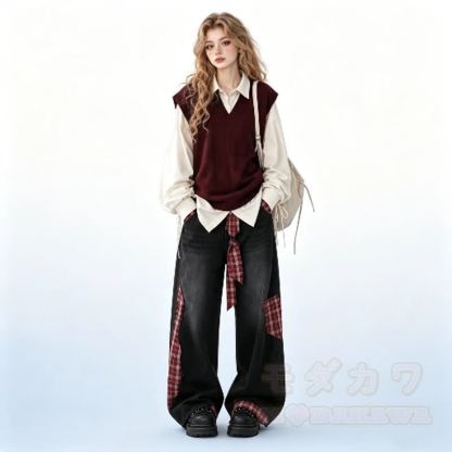 Knit Vest Lace-up Shirt Plaid Denim Pants Matching Outfit - image 2