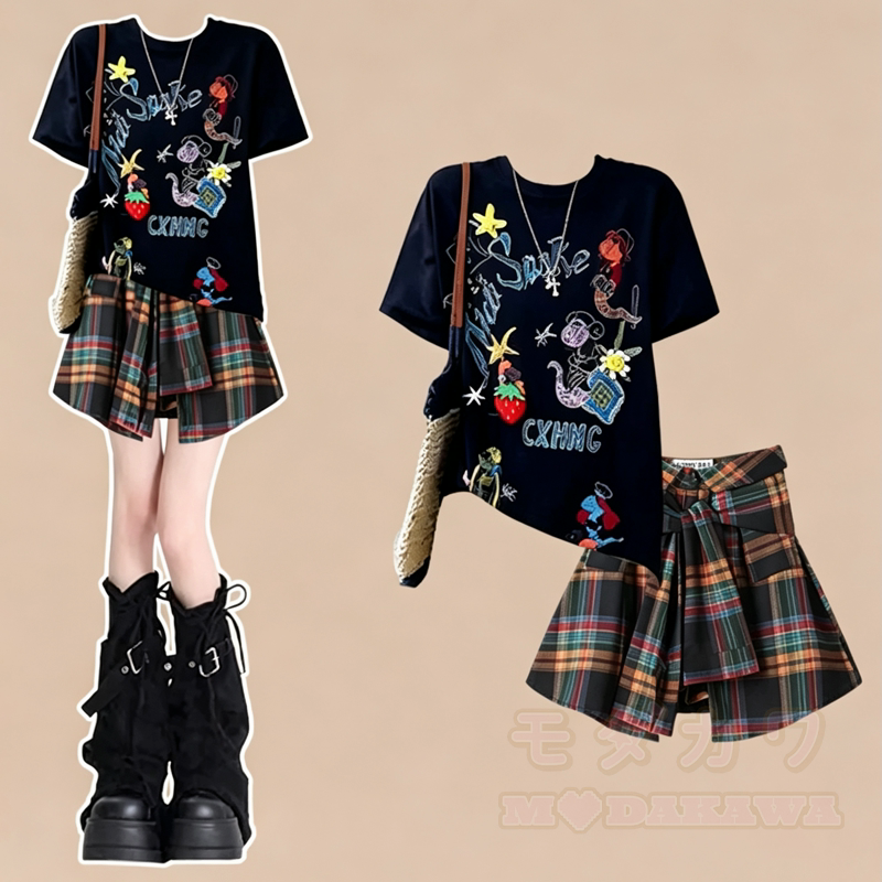 Vintage Irregular Short Sleeve T-shirt Plaid Pleated Skirt Two Pieces Set - Set - 3XL - image 1