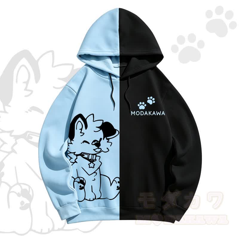 MODAKAWA X Popipeko Color Block Dog Print Hooded Sweatshirt - Black & Blue - 5XL - image 1
