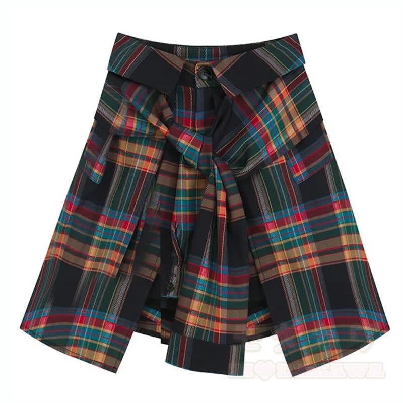 Vintage Irregular Short Sleeve T-shirt Plaid Pleated Skirt Two Pieces Set - Skirt - 3XL - image 5