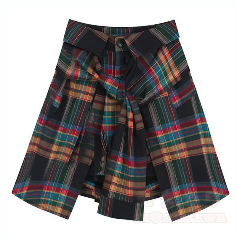 Vintage Irregular Short Sleeve T-shirt Plaid Pleated Skirt Two Pieces Set - Skirt - 3XL - image 5