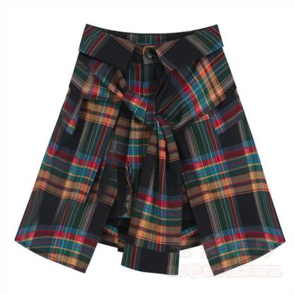 Vintage Irregular Short Sleeve T-shirt Plaid Pleated Skirt Two Pieces Set - Skirt - 3XL - image 5