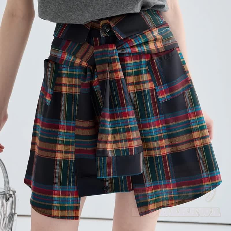 Vintage Irregular Short Sleeve T-shirt Plaid Pleated Skirt Two Pieces Set - image 3