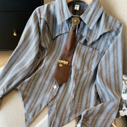 Vintage Stripe Shirt Washed Wide Leg Denim Pants Two Pieces Set - image 2