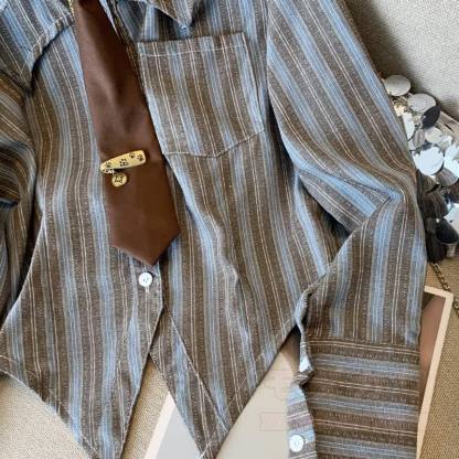 Vintage Stripe Shirt Washed Wide Leg Denim Pants Two Pieces Set - image 3