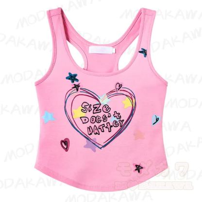 Y2K Heart Star Print Pink Racerback Cropped Tank Top - Pink - XL - image 1