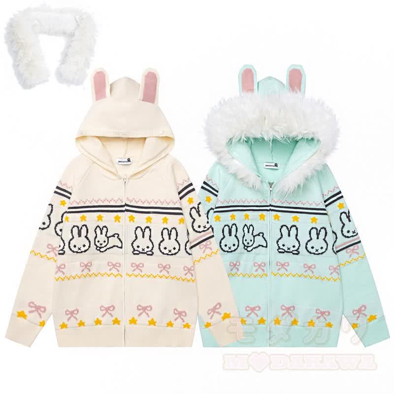 High Quality Sweet Rabbit Print Ear Hooded Zip Up Knit Cardigan - image 1