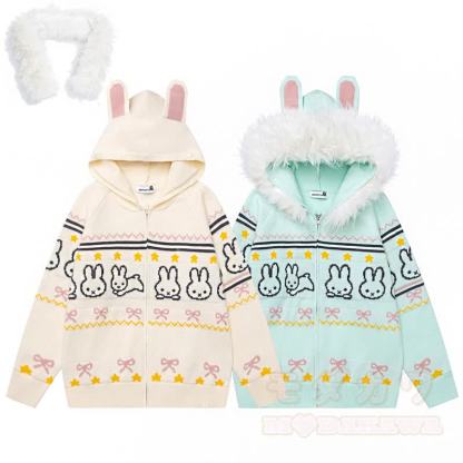 High Quality Sweet Rabbit Print Ear Hooded Zip Up Knit Cardigan - image 1