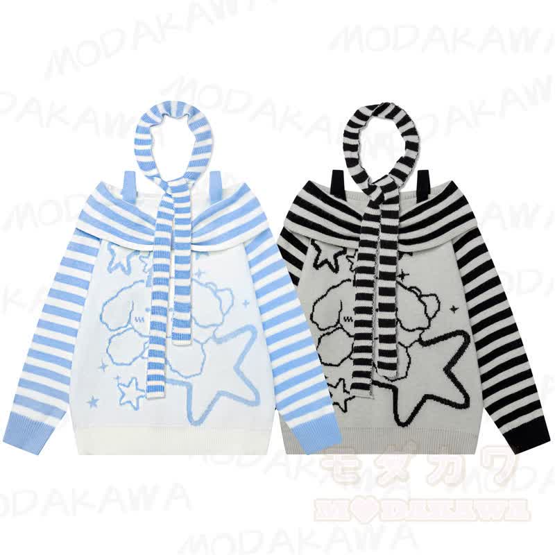 High Quality Puppy Star Print Striped Off Shoulder Strap Long Sleeve Sweater - image 1