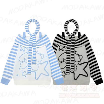 High Quality Puppy Star Print Striped Off Shoulder Strap Long Sleeve Sweater - image 1