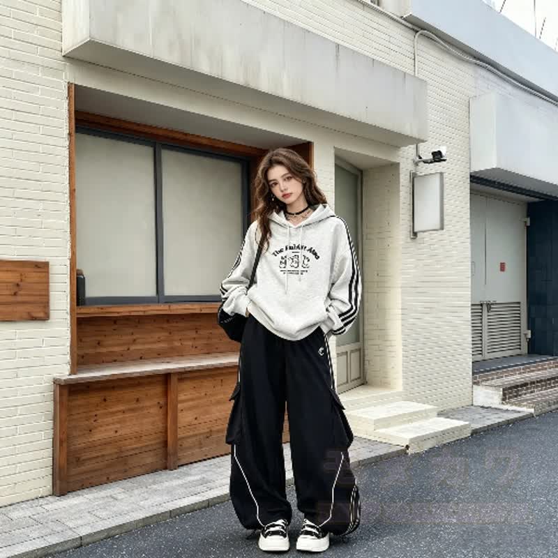 Striped Rabbit Print Hoodie Cargo Wide Leg Pants Two Pieces Set - image 2