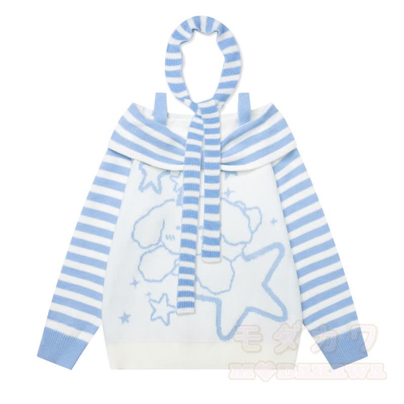 High Quality Puppy Star Print Striped Off Shoulder Strap Long Sleeve Sweater - Blue - XL - image 5
