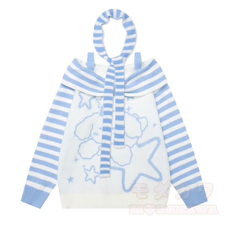 High Quality Puppy Star Print Striped Off Shoulder Strap Long Sleeve Sweater - Blue - XL - image 5