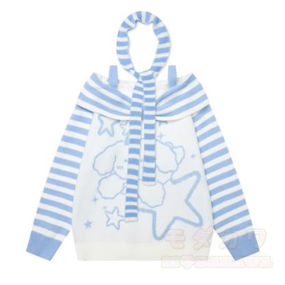 High Quality Puppy Star Print Striped Off Shoulder Strap Long Sleeve Sweater - Blue - XL - image 5