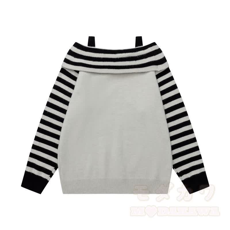 High Quality Puppy Star Print Striped Off Shoulder Strap Long Sleeve Sweater - image 4