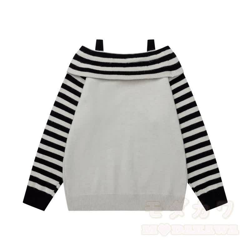 High Quality Puppy Star Print Striped Off Shoulder Strap Long Sleeve Sweater - image 4