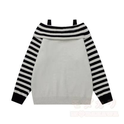 High Quality Puppy Star Print Striped Off Shoulder Strap Long Sleeve Sweater - image 4