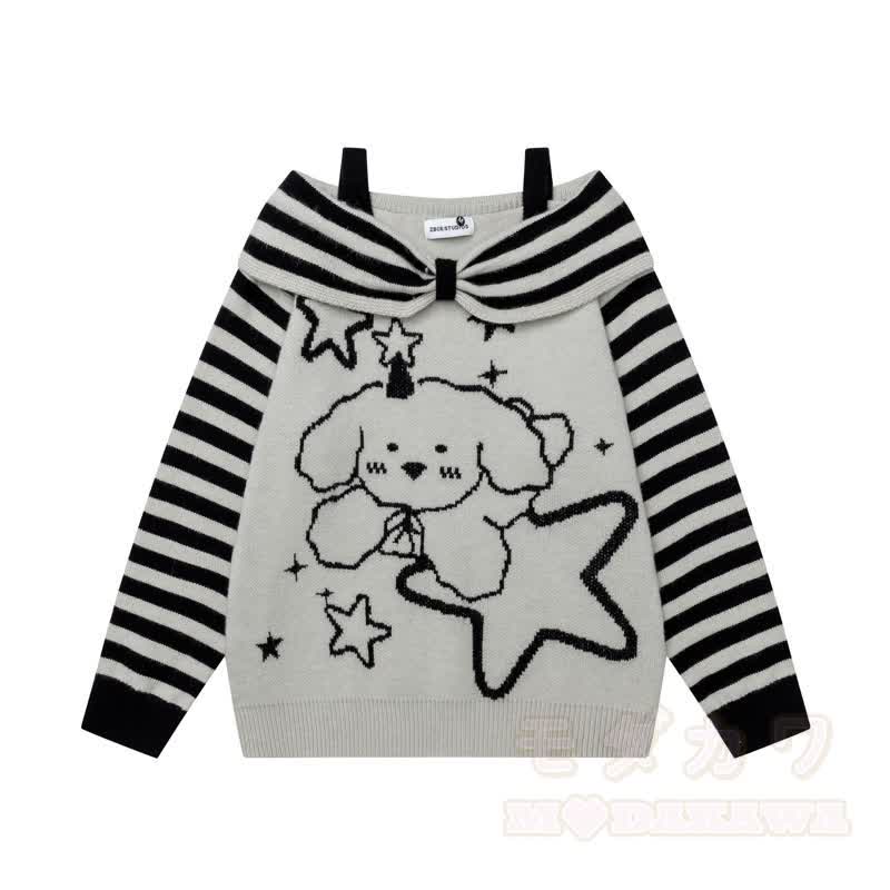 High Quality Puppy Star Print Striped Off Shoulder Strap Long Sleeve Sweater - image 3