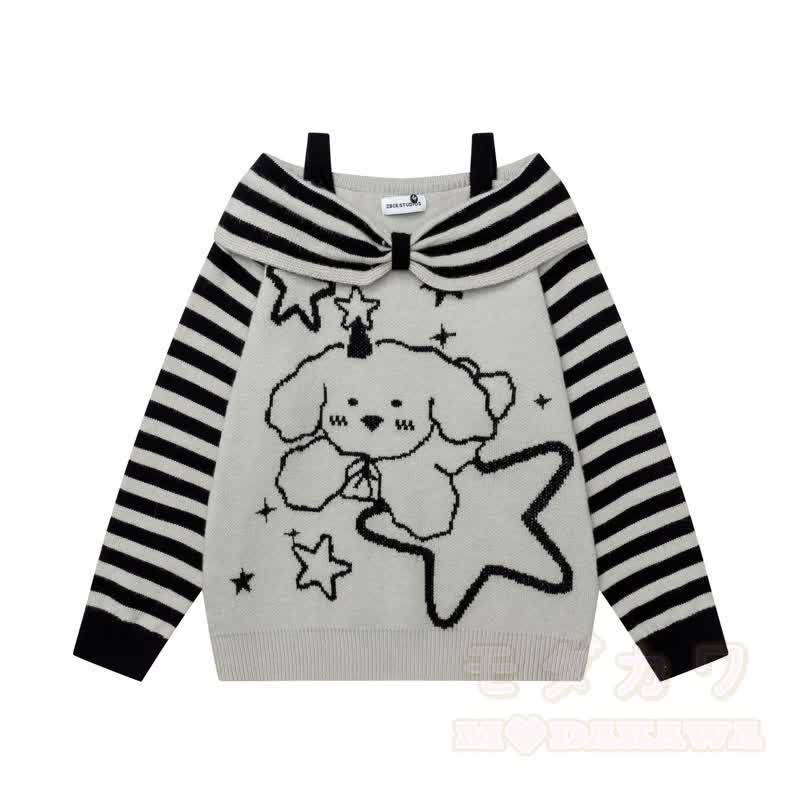 High Quality Puppy Star Print Striped Off Shoulder Strap Long Sleeve Sweater - image 3