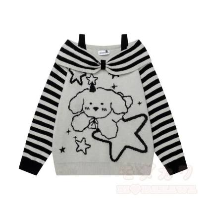 High Quality Puppy Star Print Striped Off Shoulder Strap Long Sleeve Sweater - image 3