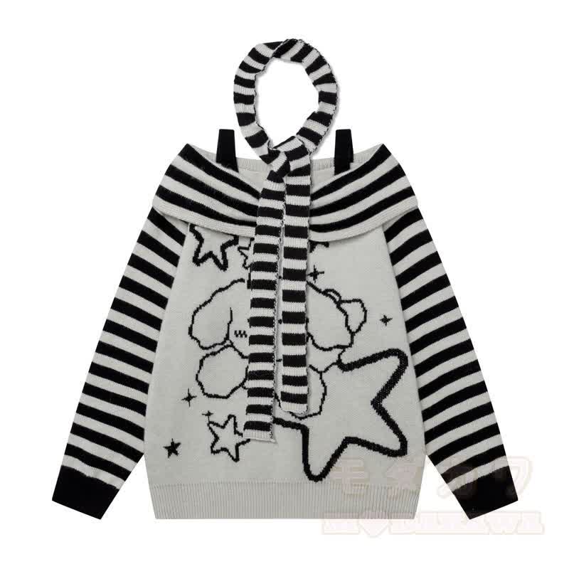 High Quality Puppy Star Print Striped Off Shoulder Strap Long Sleeve Sweater - Black - XL - image 2