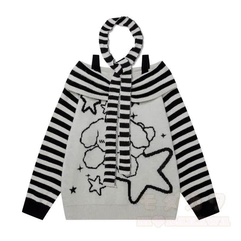 High Quality Puppy Star Print Striped Off Shoulder Strap Long Sleeve Sweater - Black - XL - image 2