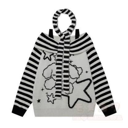High Quality Puppy Star Print Striped Off Shoulder Strap Long Sleeve Sweater - Black - XL - image 2