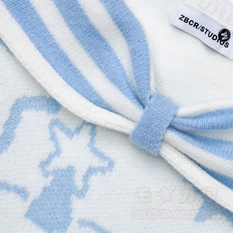 High Quality Puppy Star Print Striped Off Shoulder Strap Long Sleeve Sweater - image 9