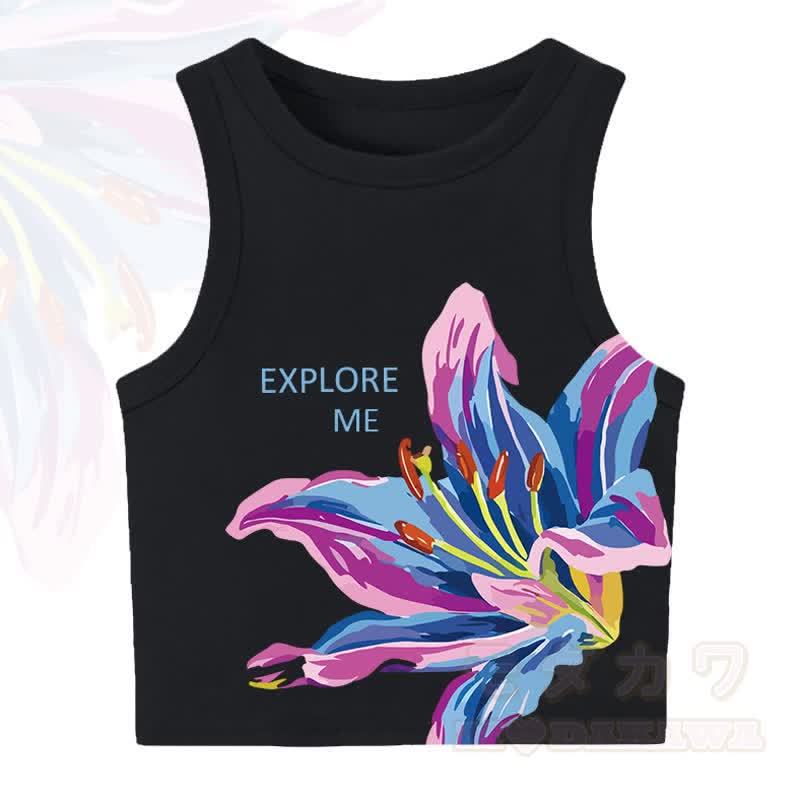 MODAKAWA EXPLORE ME Flower Print Casual Cropped Tank Top - Black - XL - image 1