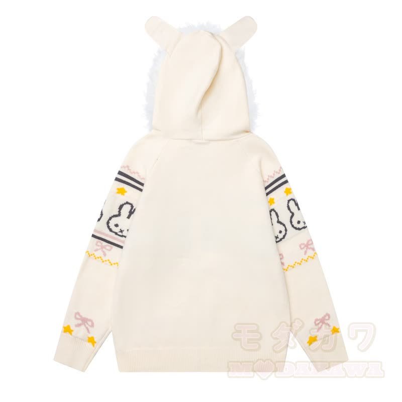 High Quality Sweet Rabbit Print Ear Hooded Zip Up Knit Cardigan - image 4