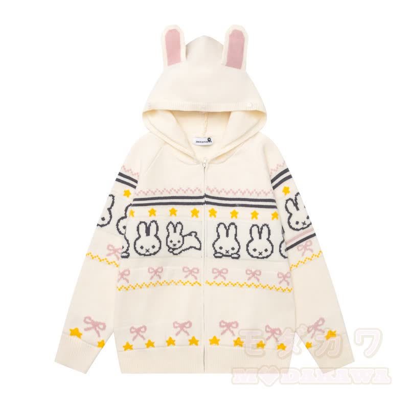 High Quality Sweet Rabbit Print Ear Hooded Zip Up Knit Cardigan - image 3