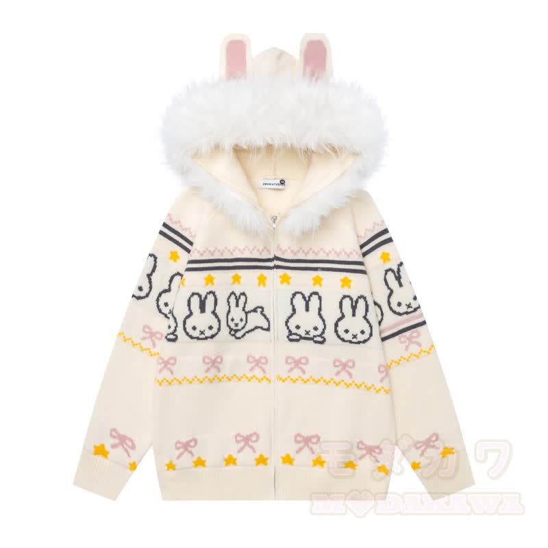 High Quality Sweet Rabbit Print Ear Hooded Zip Up Knit Cardigan - Beige - XL - image 2