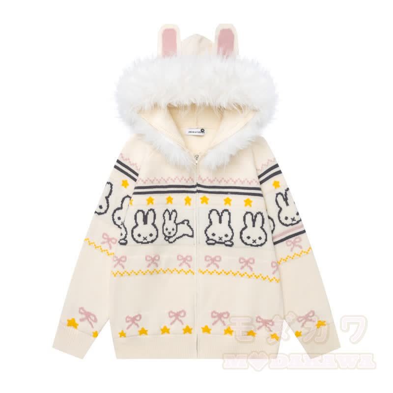 High Quality Sweet Rabbit Print Ear Hooded Zip Up Knit Cardigan - Beige - XL - image 2