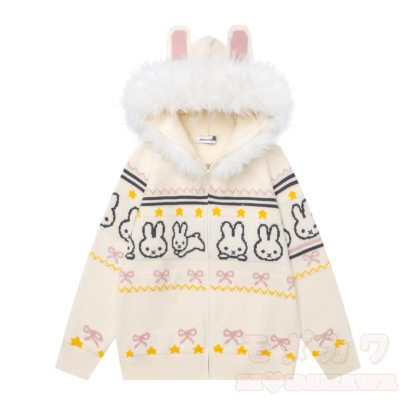 High Quality Sweet Rabbit Print Ear Hooded Zip Up Knit Cardigan - Beige - XL - image 2